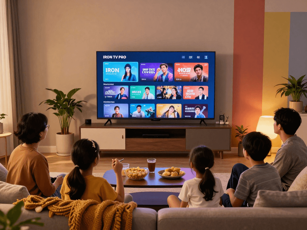 La famille profite du streaming IRON TV PRO en HD et 4K dans un salon moderne.