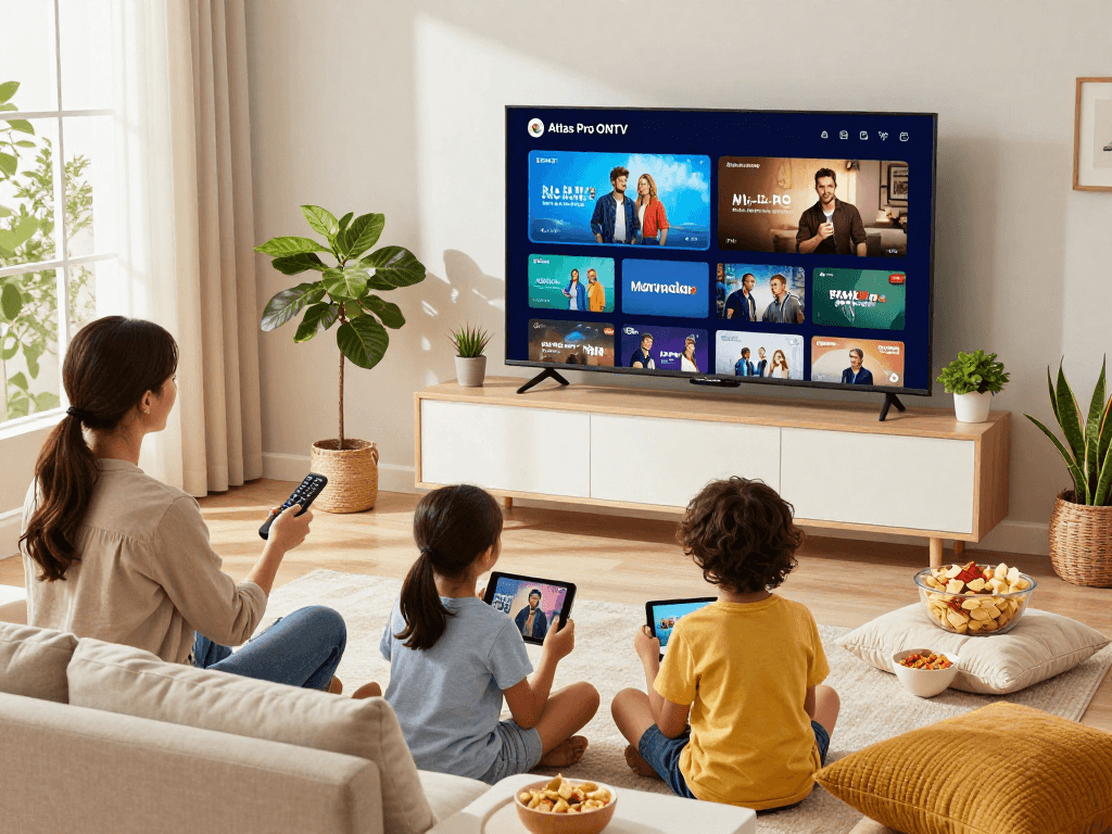 Abonnement Atlas Pro pendant une expérience de visionnage familiale confortable dans le salon avec un large écran de télévision