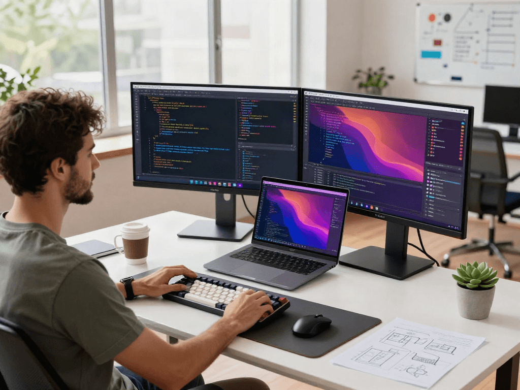 Développeur utilisant Atlas Pro dans un environnement de bureau moderne avec des écrans affichant du code, une ambiance dynamique et productive.