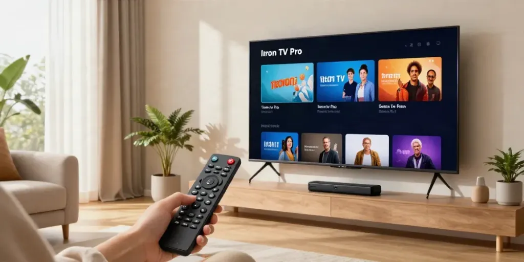 Installation de l'application Iron TV Pro sur Fire Stick dans un salon moderne.