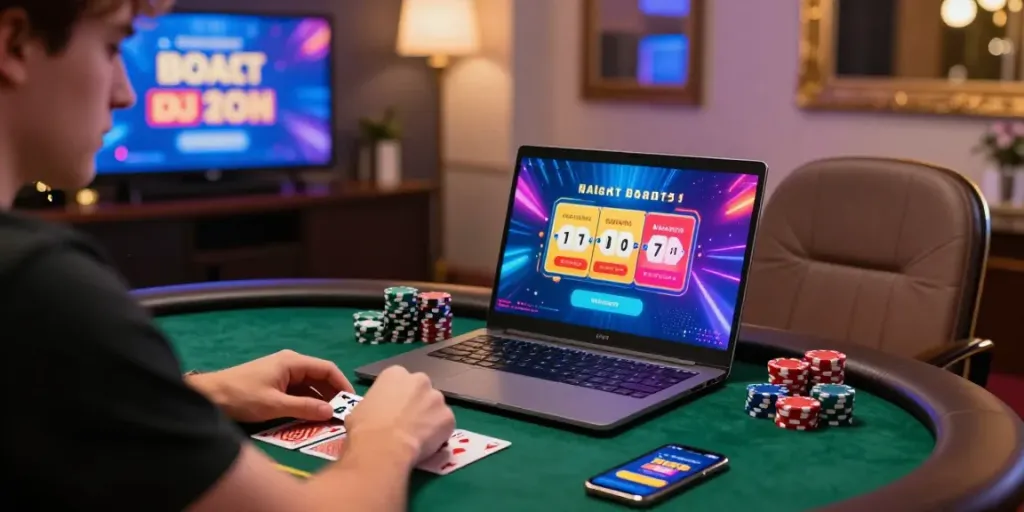 Joueur sur https://studiobarw.com/ explore un casino en ligne avec des graphismes colorés, des jetons de poker et une ambiance conviviale.