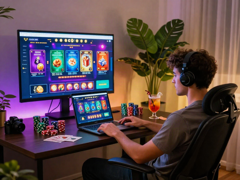 Ambiance élégante de casino français en ligne avec joueur profitant d'un jeu sur ordinateur.