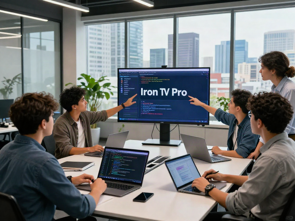 Développeurs professionnels collaborant autour de l'Iron TV Pro dans un bureau moderne, échanges d'idées sur l'écran.