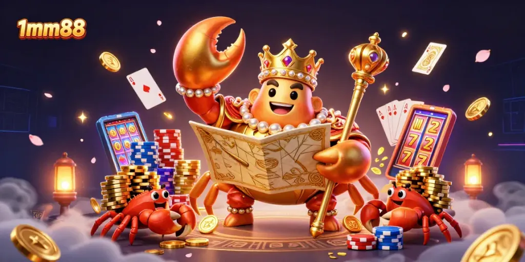 Engage with the vibrant world of 1mm88, where a golden crab emperor leads a colorful casino adventure.