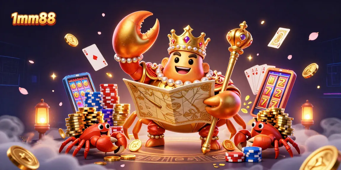 Engage with the vibrant world of 1mm88, where a golden crab emperor leads a colorful casino adventure.