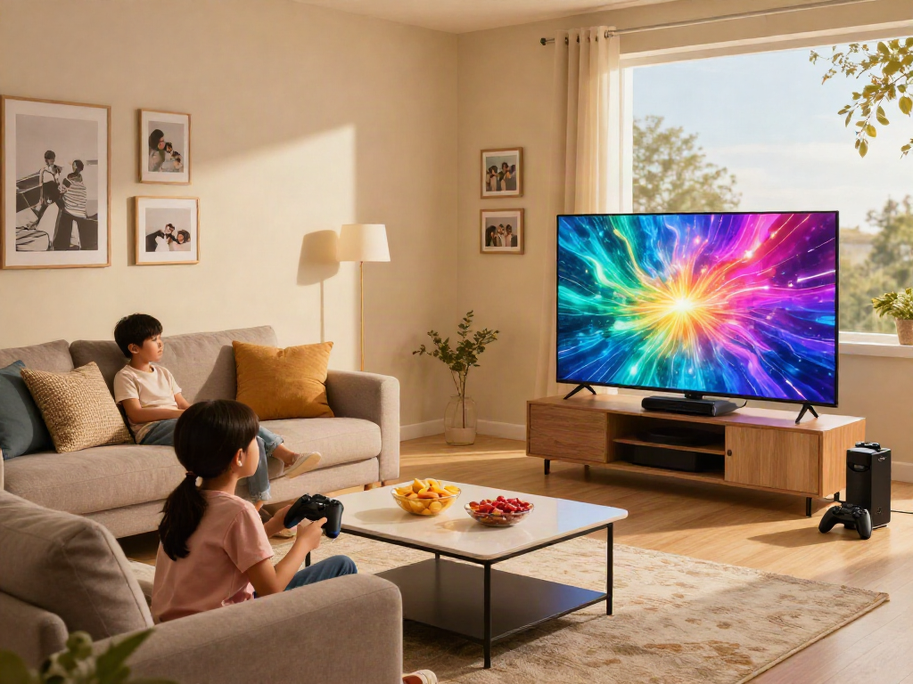 Family enjoying entertainment with Iron TV Pro device in a cozy modern living room.