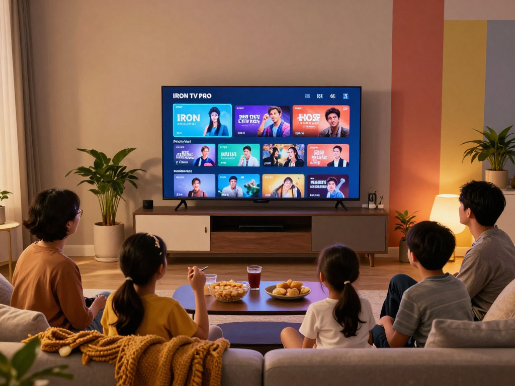 La famille profite du streaming IRON TV PRO en HD et 4K dans un salon moderne.