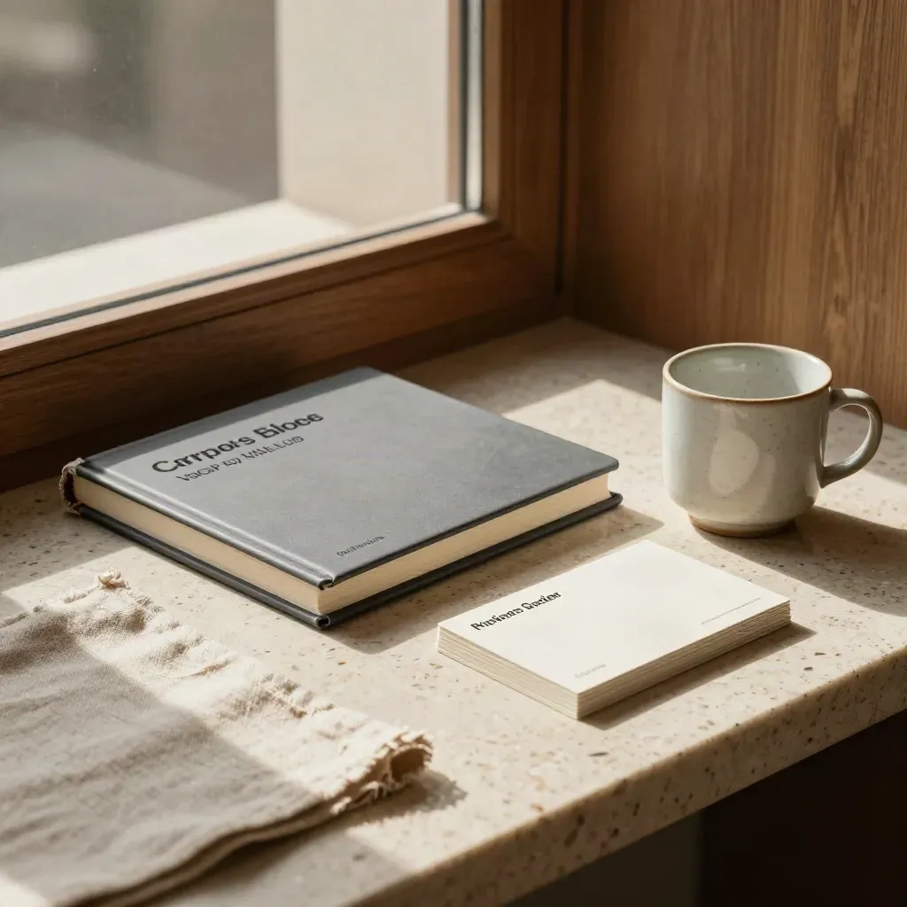 Kit éditorial RH sur travertin avec livre de valeurs, dossier mat, tasse et cartes retournées.