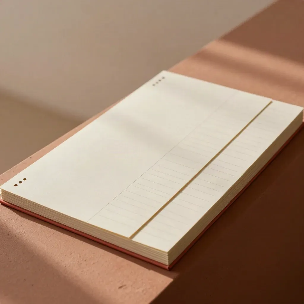 Planning trimestriel de contenu en cartes papier sur plinthe terracotta, style élégant et lumineux.