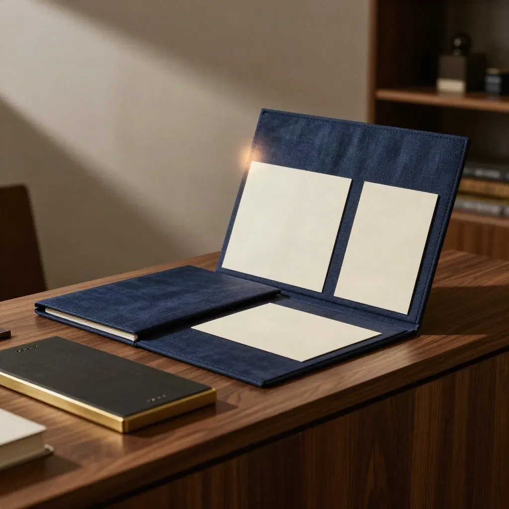 Kit de profil LinkedIn dirigeant sur bureau sombre, lumière cinématographique.