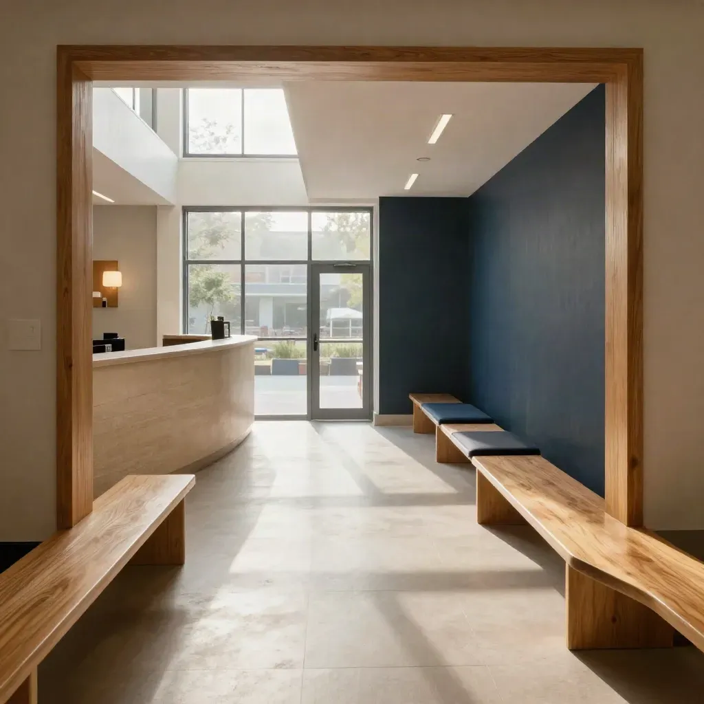Hall d’entrée d’école lumineux avec bancs en bois clair et comptoir d’accueil, vue en diagonale.