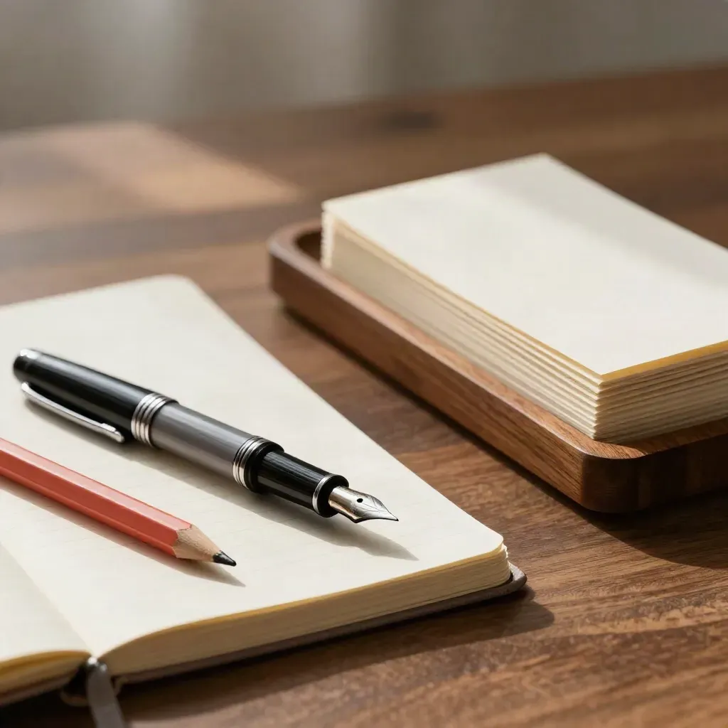 Stylo plume, carnet fermé, crayon corail et cartes sur bureau en bois, lumière dramatique.