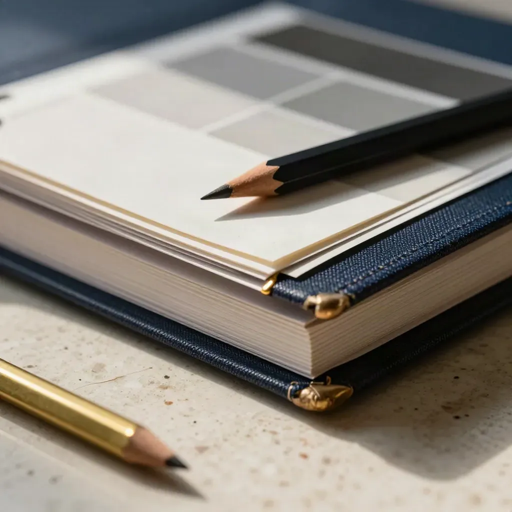 Gros plan d’un classeur d’audit de marque avec nuancier, poids en laiton et crayon sur travertin.