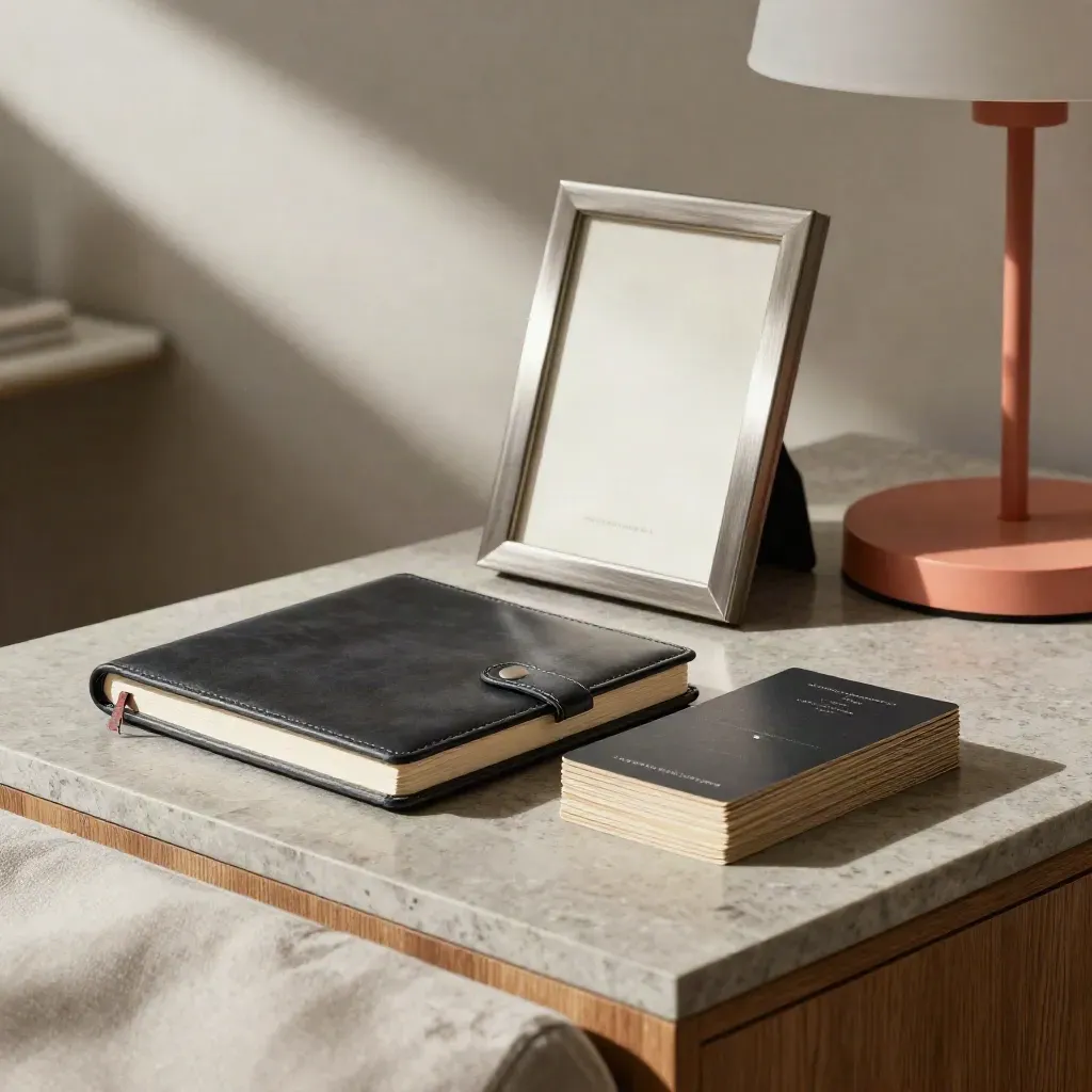Bureau élégant avec carnet anthracite, cartes bio retournées et lampe métallique.
