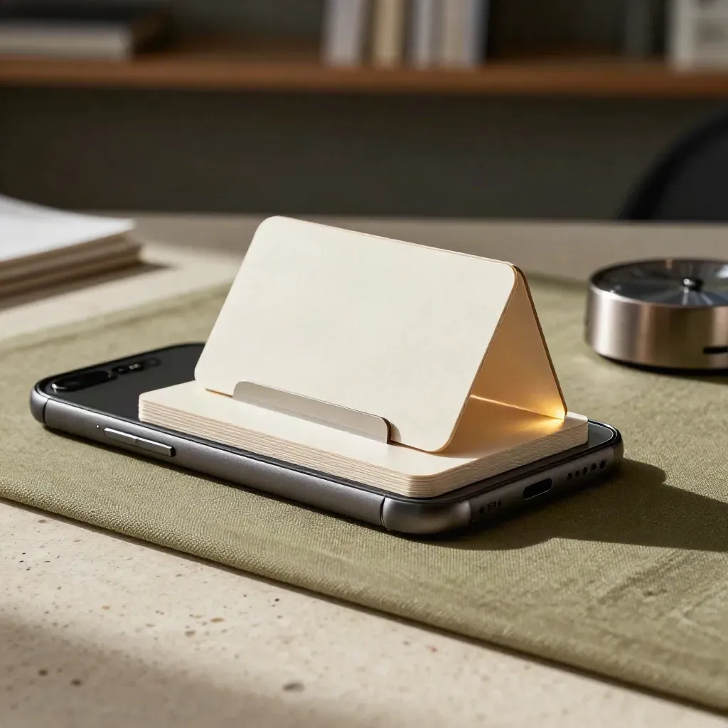 Smartphone, cartes bio, support acrylique et minuteur sur travertin et lin.