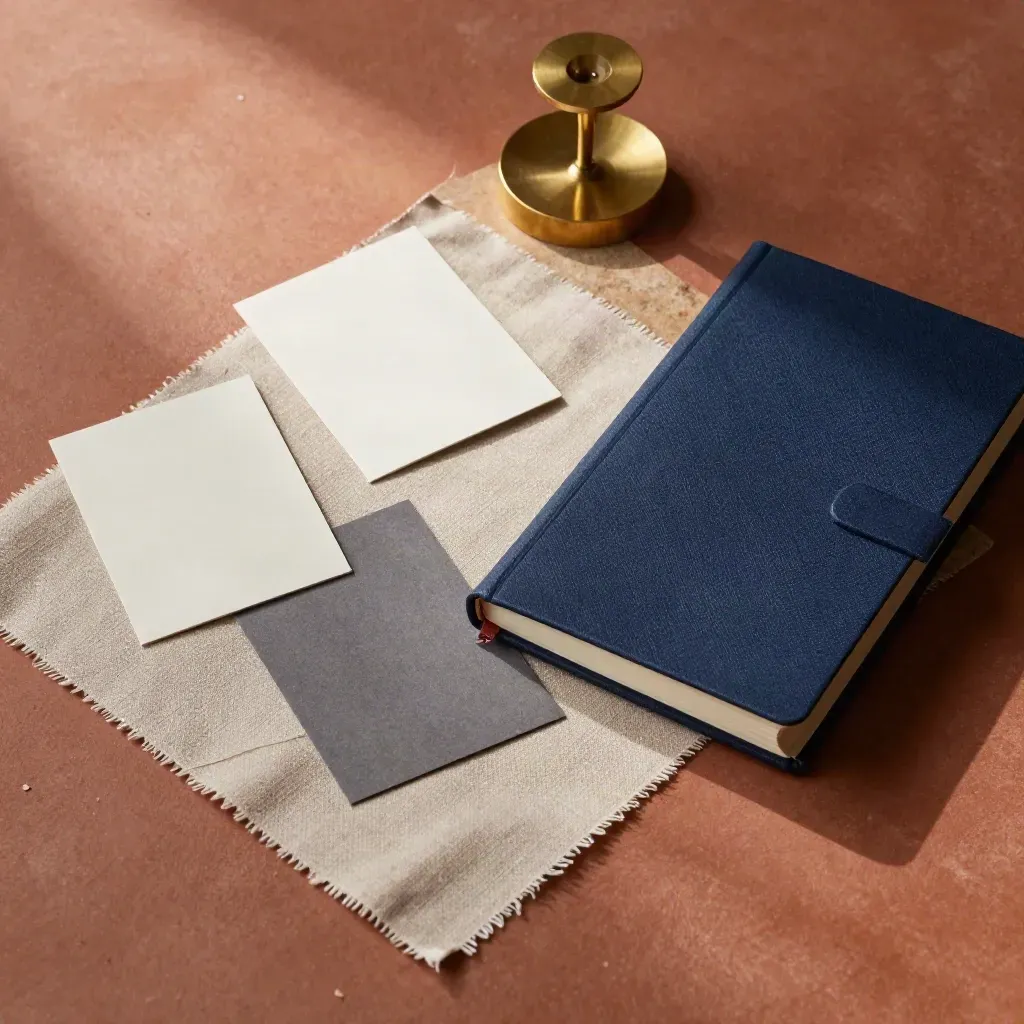 Vue zénithale d’un moodboard marque employeur avec échantillons, cartes culture et carnet bleu nuit.