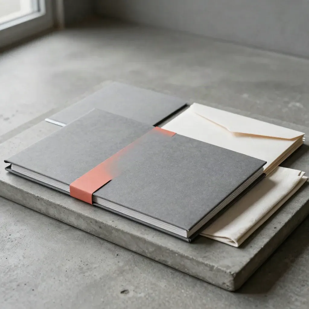 Un ensemble de livrables prêts à partir, sur une dalle gris béton avec une touche corail.