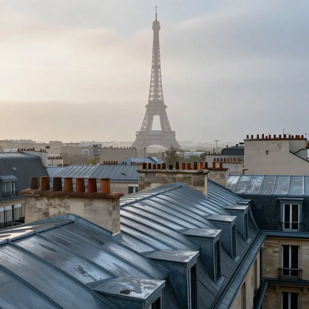 Vue des toits de Paris avec la tour Eiffel dans une brume après la pluie.