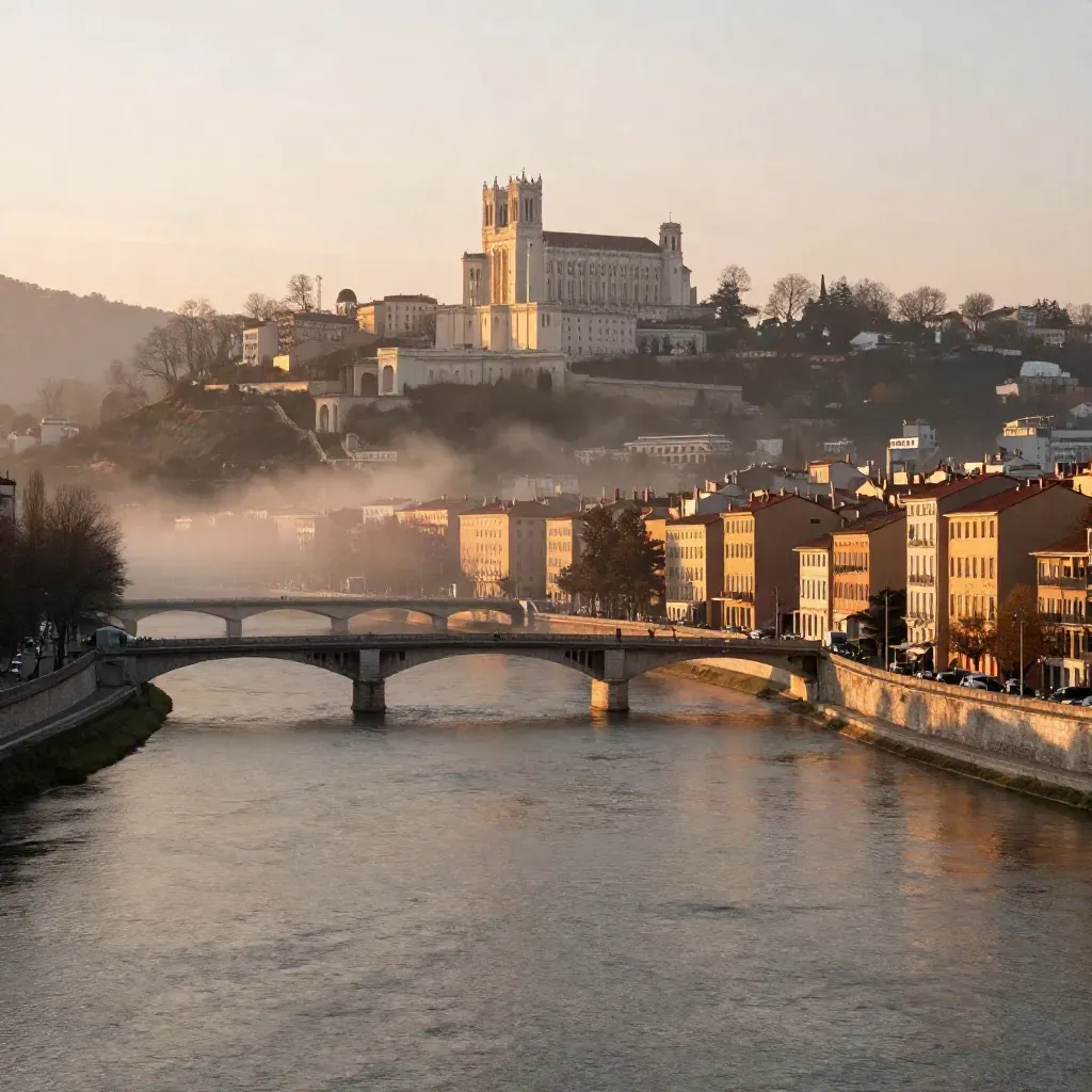 Vue de Lyon au lever du soleil, Fourvière au-dessus de la brume et des fleuves calmes.
