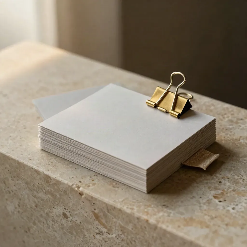 Trois cartes minimalistes, pince doré et tab en lin sur pierre claire, lumière douce.
