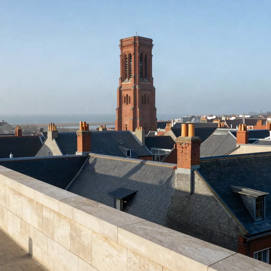 Vue de Lille au-dessus de toits de brique sous une lumière marine, avec un ciel qui se dégage.