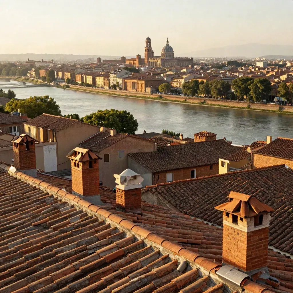 Vue de Toulouse en briques roses au-dessus de la Garonne, baignée de lumière dorée.