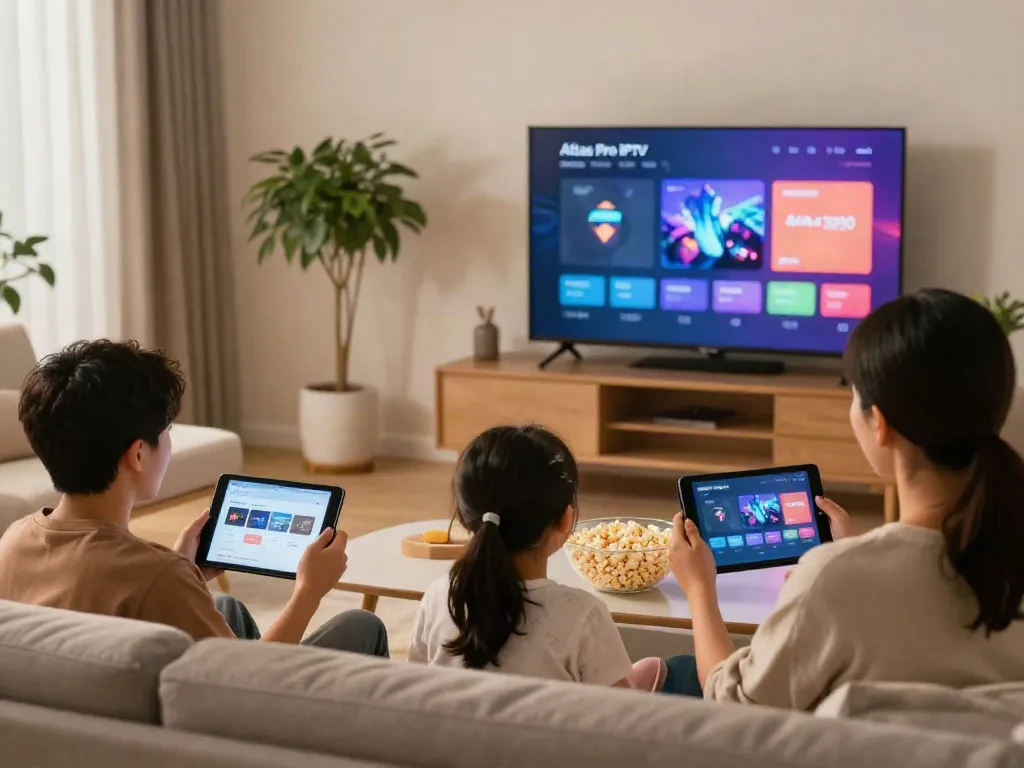 Profitez des avantages de l'atlas pro iptv dans un salon moderne en regardant vos chaînes préférées en famille.