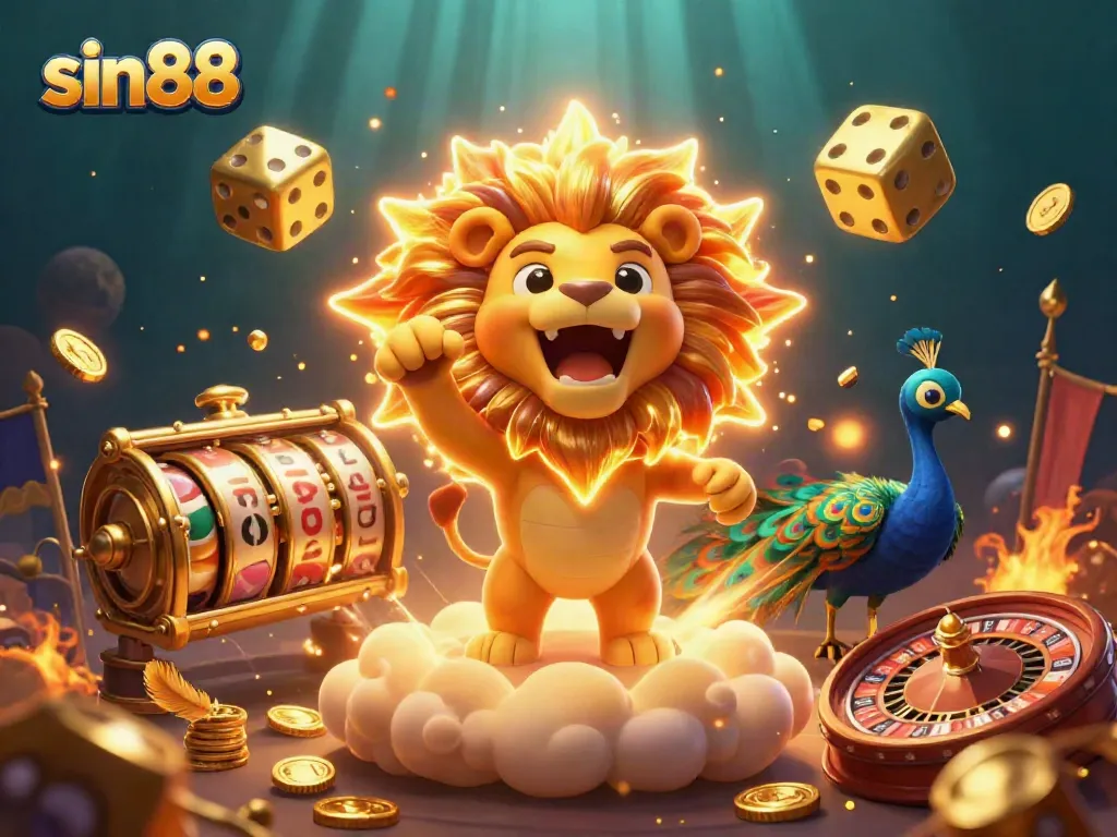 Experience the thrill of sin88 with vibrant casino elements, featuring a roaring sun lion and dynamic dice.