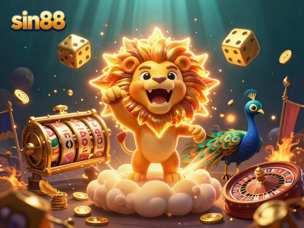 Experience the thrill of sin88 with vibrant casino elements, featuring a roaring sun lion and dynamic dice.