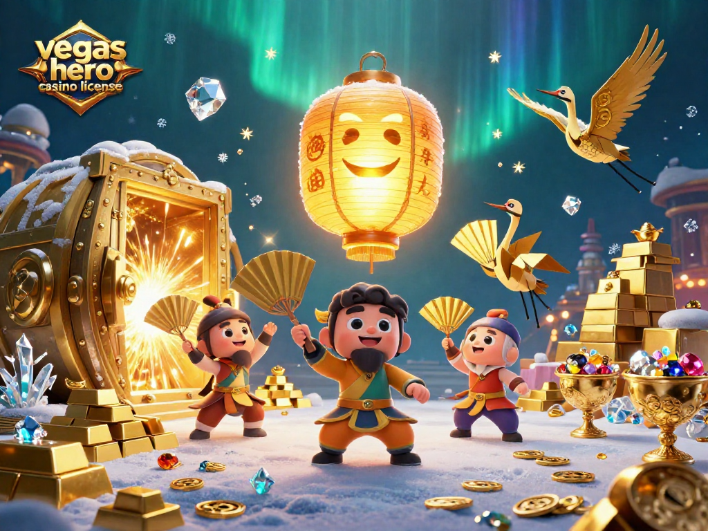 Illustration dynamique représentant la licence de casino vegas hero, avec des personnages chanceux et des éléments de jeu, ambiance festive.