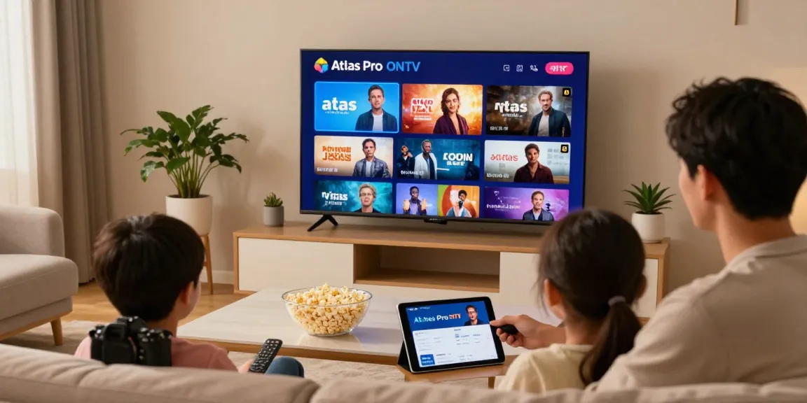 Profitez de l'expérience Atlas pro ontv dans un salon moderne avec une famille regardant des films en 4K.