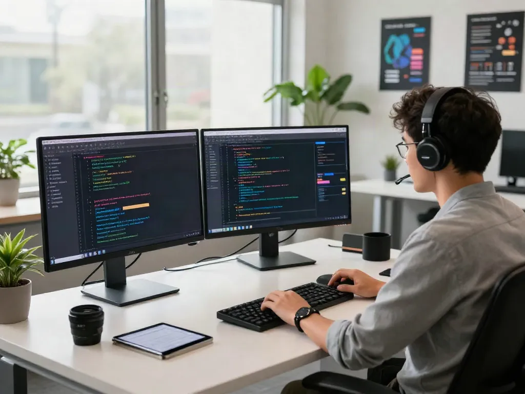 Developer engaged in unfiltered AI chat development in a bright workspace.