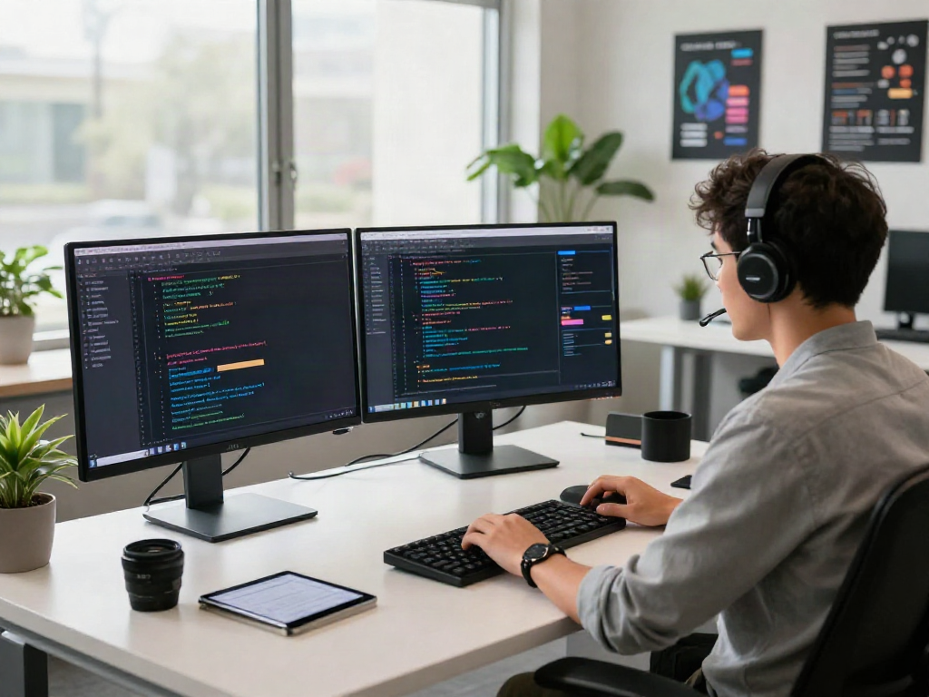 Developer engaged in unfiltered AI chat development in a bright workspace.